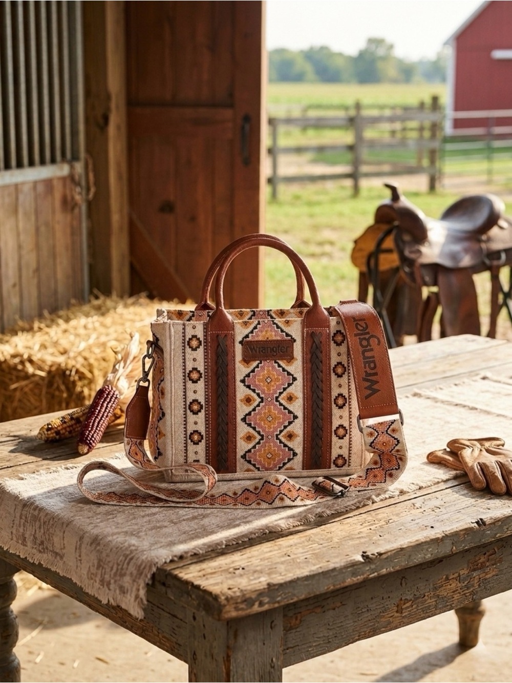 Wrangler Aztec Southwestern Canvas Crossbody Mini Tote Bag - Brown & Cream